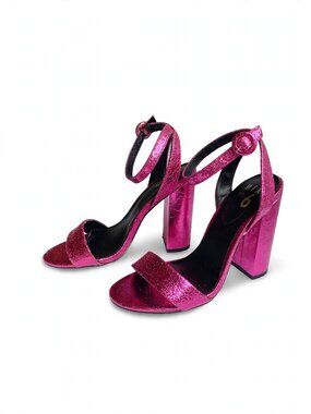 Mix No. 6 Metallic Pink Block Heel Sandals, Ankle Strap, Size 6